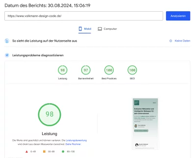 Screenshot des Lighthouse-Berichts für vokmann-design-code.de vom 30.08.2024